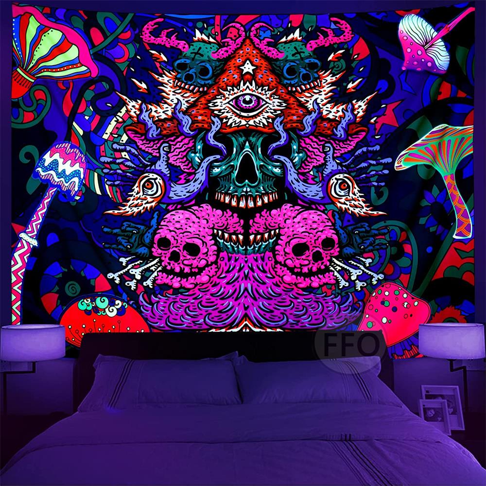 Aesthetic Tapestry Backdrop Blanket Colorful Skull Glows UV Black Light Luminous, Purple, Pink, Green NEW*
