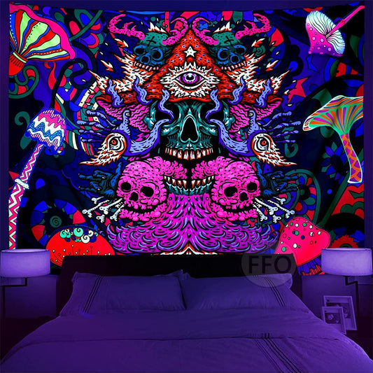 Aesthetic Tapestry Backdrop Blanket Colorful Skull Glows UV Black Light Luminous, Purple, Pink, Green NEW*