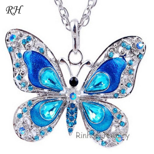 Colorful Sparkling Jewel Butterfly Necklace Pendant Blue Red Purple Pink Green Gold AMB