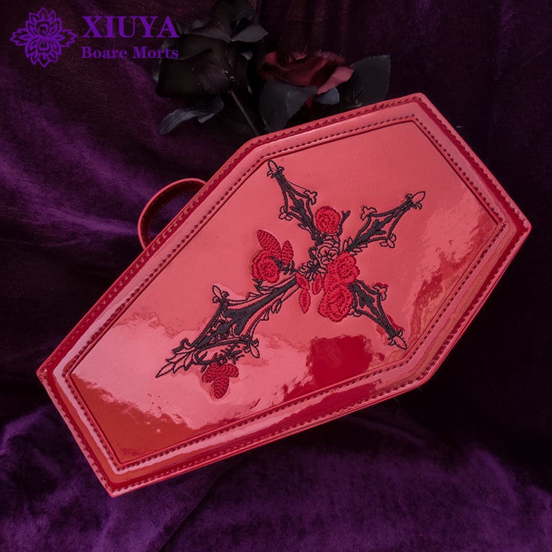 Gothic Coffin Handbag Cosmetic Bag Blood Red Leather Embroidered Punk Rose Cross NEW