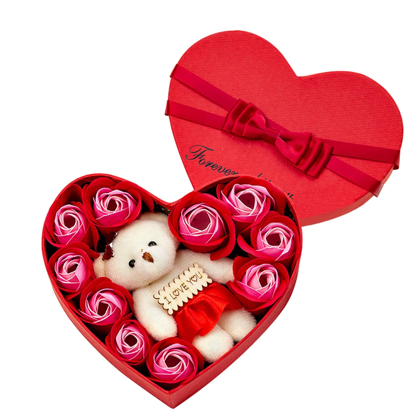 Valentines Day 10 Heart-shape Soap Flower Bear Gift Box Scented Rose Petals with Bear Christmas Birthday Wedding Gift For Girlfriend