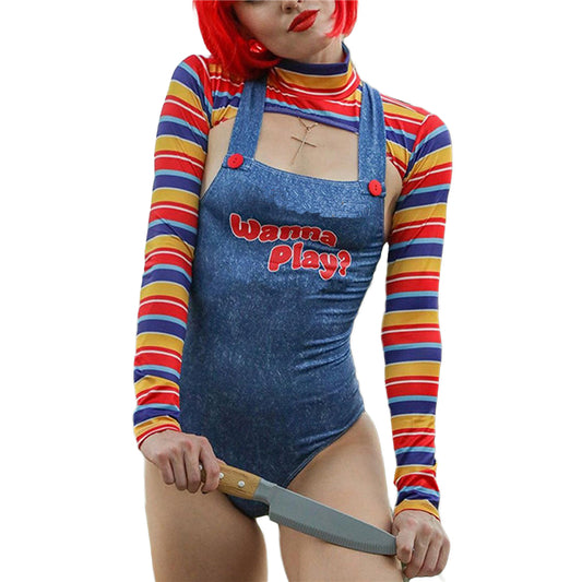 Chucky Womens Bodysuit Killer Doll Costume Set Halloween Supplies Cosplay NEW