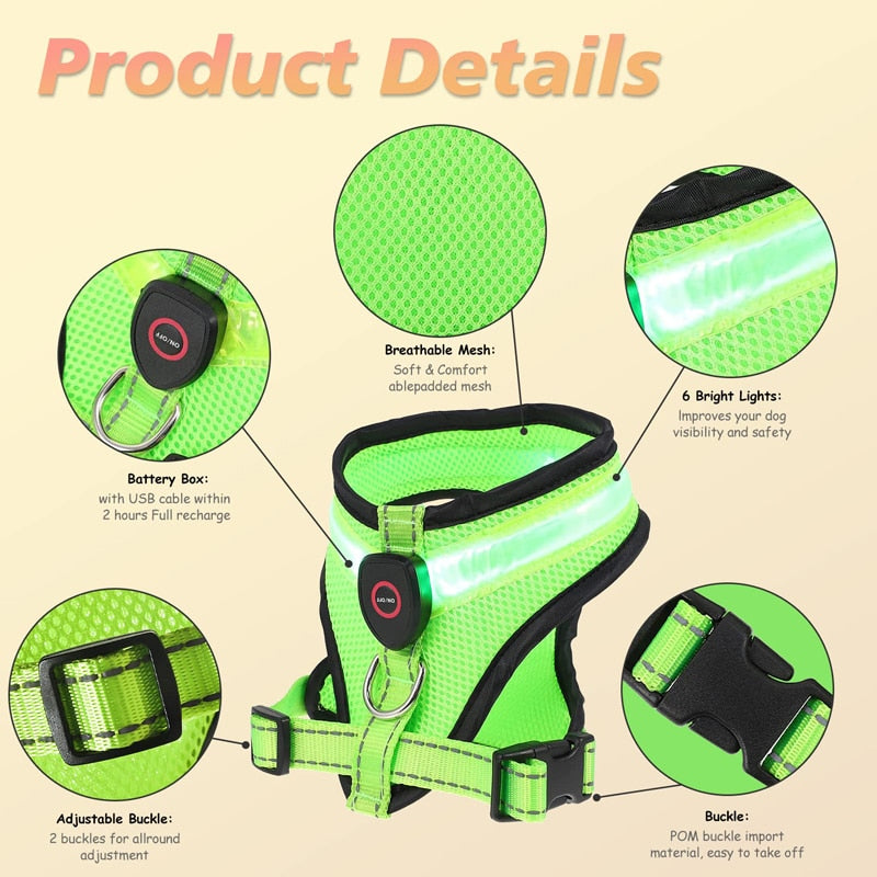 LED Light Glowing Dog Harness Adjustable, Street Safety from Autos, Outdoors Never Lost NEW