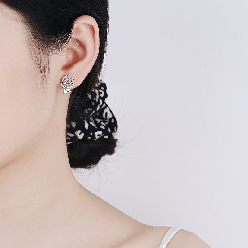 Valentines Day Silver Sparkling Rose Stud Earrings