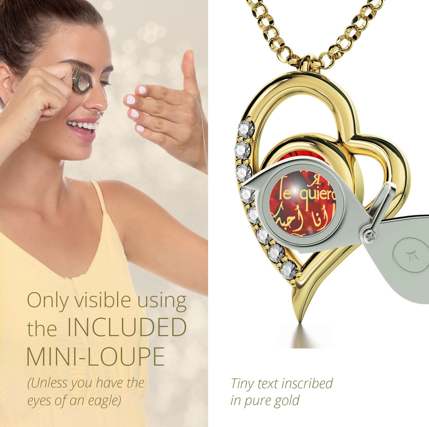 Gold Plated Silver" I Love You" Heart Necklace Set 24k Gold Inscribed in 12 Languages Red Purple Crystal, AMB, NEW!