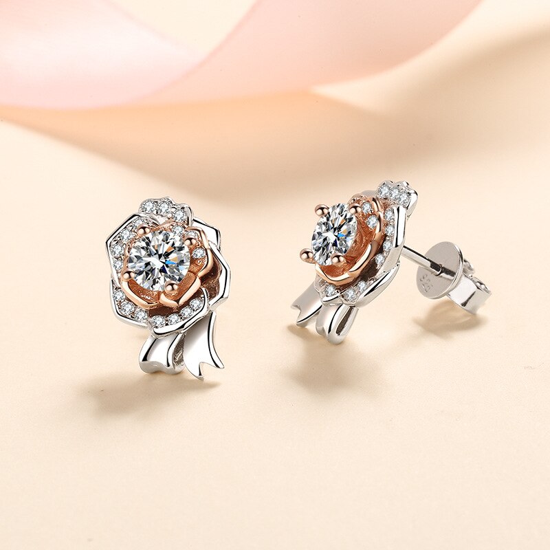 Valentines Day Silver Sparkling Rose Stud Earrings