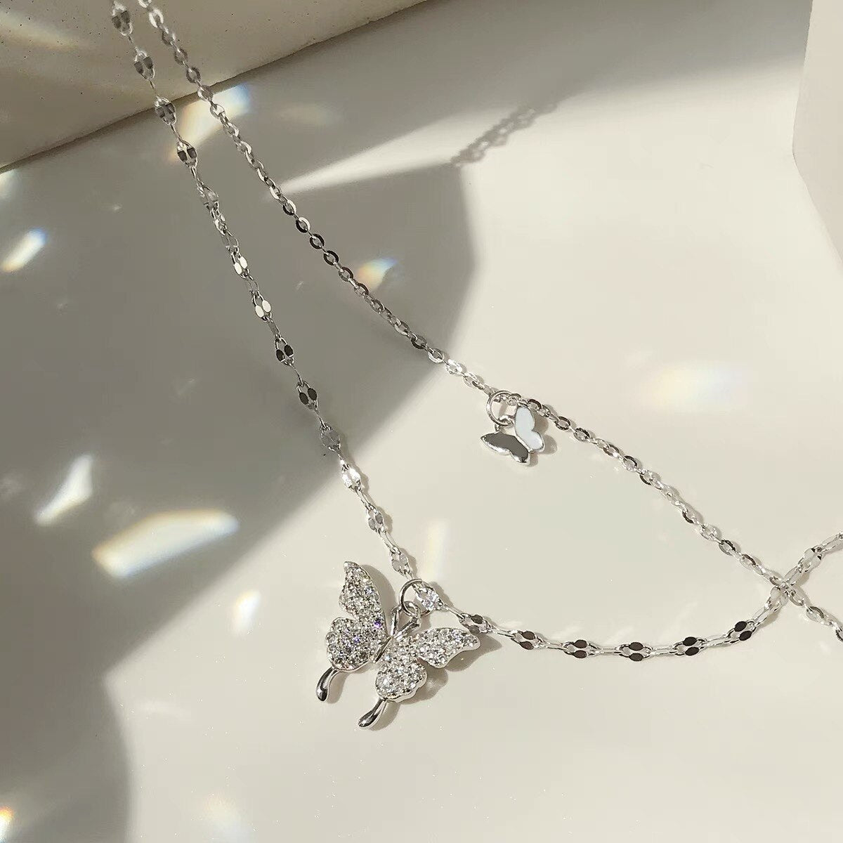 Valentines Day Butterfly Double Layer Chain Necklace 925 sterling silver