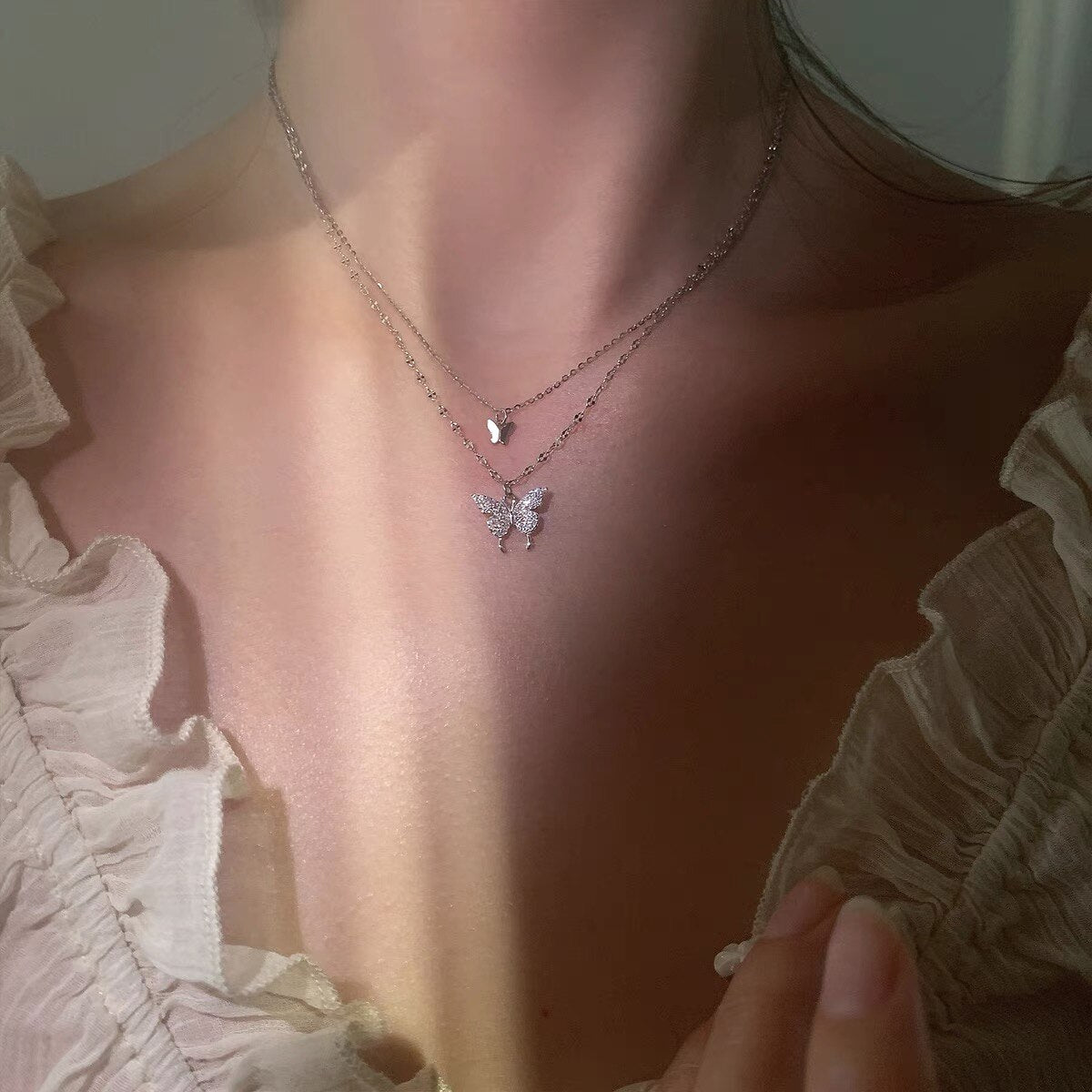 Valentines Day Butterfly Double Layer Chain Necklace 925 sterling silver