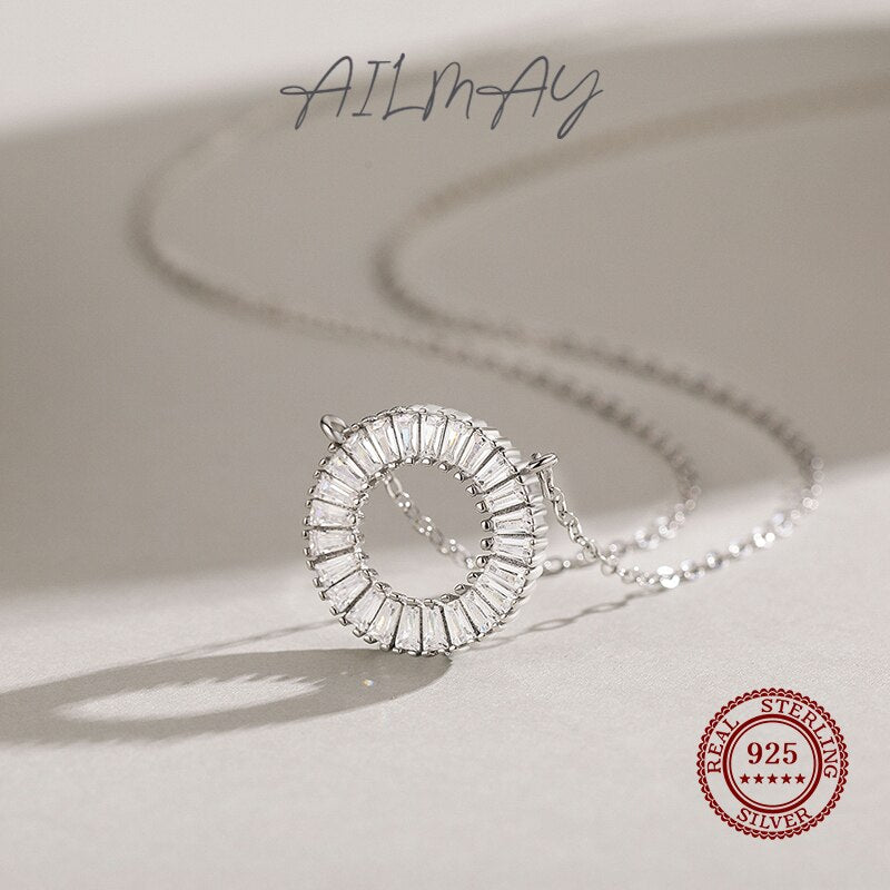 Valentines Day Sparkling Clear Round Necklace 925 Sterling Silver With Zircon crystals