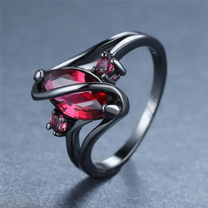 Gorgeous Red Leaf Crystal Ring 14K Black Gold Plated NEW